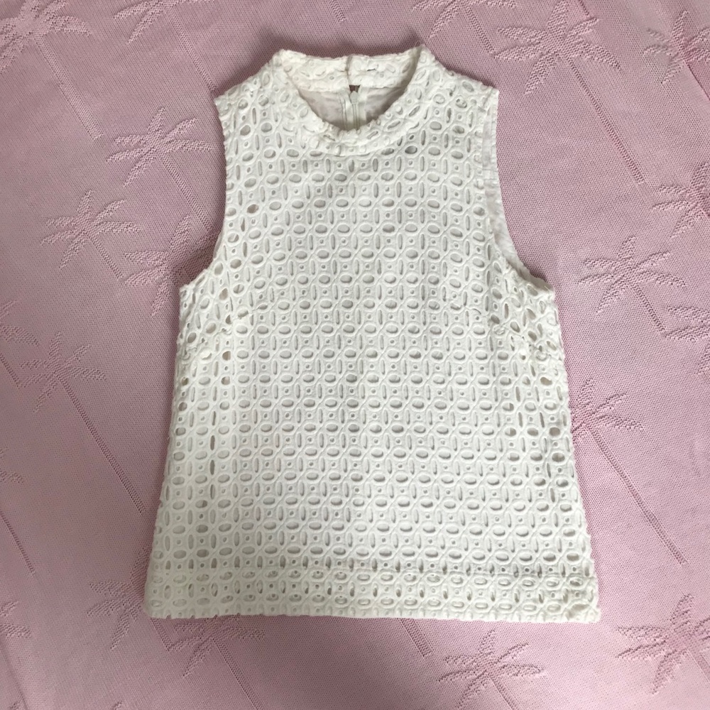 J. Crew White High Neck Sleeveless Eyelet Top